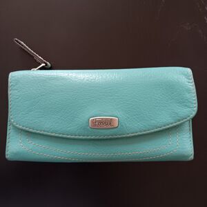 Fossil Turquoise Leather Wallet Trifold Summer Vacation